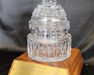 Waterford Crystal Capital Dome Golf Trophy
Waterford Lidded Biscuit Jar (removable) sits on Base Trophy for Winner of 1988 Chrysler Cup TPC at Prestancia
Comes with framed picture of BJ Thomas and the rest of his team for this tournament