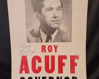 Signed Poster by Grand Ole' Opry Legend, Roy Acuff
Political Poster for when Roy Acuff ran for Governor of Tennessee in 1948. He lost.
Poster measures 14x22
