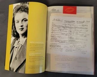 Marilyn Monroe Treasures Book by Jenna Glatzer
Very unique book with pull-out reproduction memorabilia including Birth Certificate, Marriage License, honeymoon airine tickets, personal letters, etc.