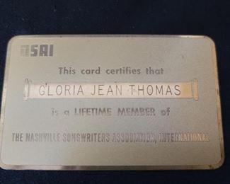 Gloria Thomas' Nashville Song Writers Assoc. Card
