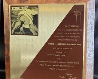 World Vision Appreciation Plaque to BJ Thomas for
Participation in TOGETHER Album with other artists to fight world hunger

