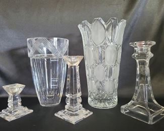 (5) Crystal: 2-Vases & 3-Mismatched Candlesticks