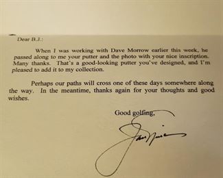 Signed Letter to BJ from from Jack Nicklaus