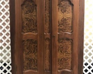 Beautiful Walnut Knock Down Wardrobe, Burled Panels, Complete Interior