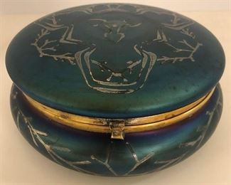 Large Art Glass Blue Aurene Dresser Box, Silver Overlay