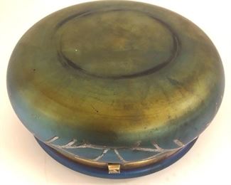 Large Art Glass Blue Aurene Dresser Box, Silver Overlay