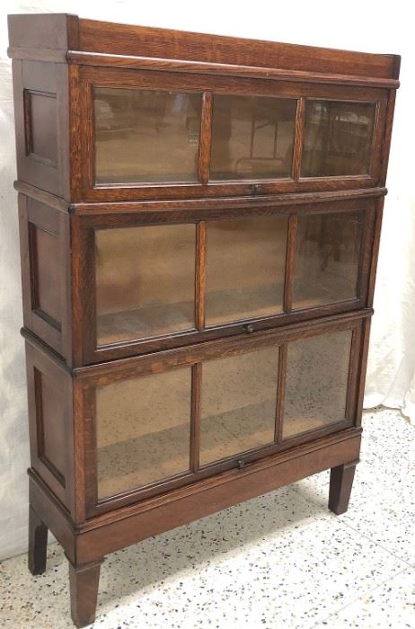Outstanding Oak 3 Section Stacked Bookcase, Macey Quarter Sawed Oak with Paneled Sides and Doors