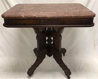 Beautiful Walnut Victorian Marble Top Parlor Table with Carved Base