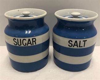2 Blue and White "Sugar" and "Salt" Ironstone Canisters, Green and Co. England
