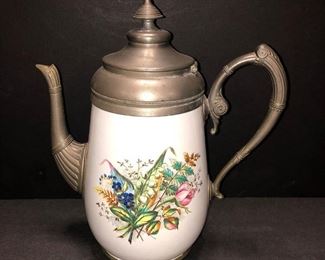 Rare Decorated Granite and Pewter Coffee Pot