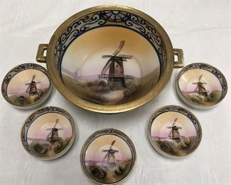 6 Piece Hand Painted Nippon Footed Nut Set W/ Windmills