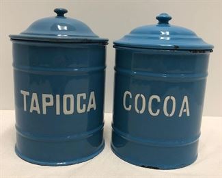 Blue Granite/ Enamelware Canisters, "Cocoa" and "Tapioca"