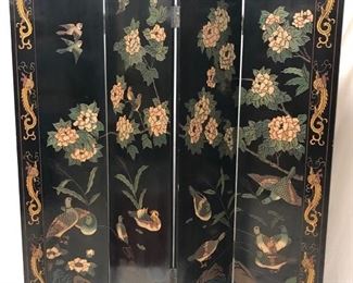 Ornate Asian Black Lacquered Folding Screen with Florals and Birds 