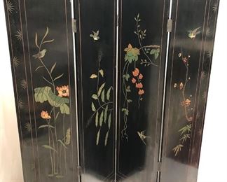 Ornate Asian Black Lacquered Folding Screen with Florals and Birds 