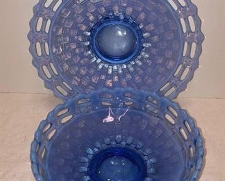 Blue Opalescent Basket Weave Bowl and Plate