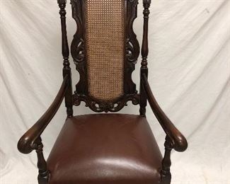 Antique Gothic Revival Throne Chair with Leather Seat and Caned Back