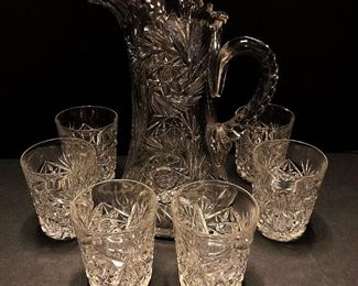 Brilliant Cut Glass Water Set, Pitcher and 6 Tumblers