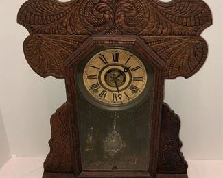 Ingraham Oak Gingerbread Mantle Clock, Original Key and Pendulum 
