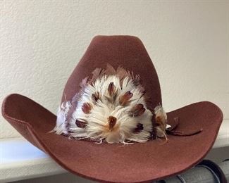 Brown cowboy hat with feather band