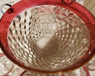 Cranberry rim - Fostoria American punch bowl with cups