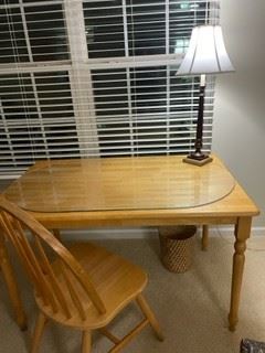 Wood desk, chair and light