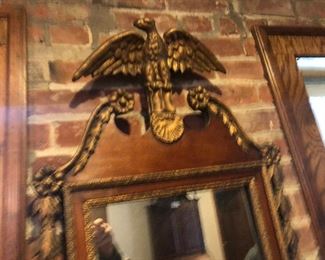 CHIPPENDALE 18TH CENTURY MIRROR, AMERICAN CARVED GILDED GOLD AMERICAN STANDING EAGLE STANDING ON SCALLOP, WITH GOLD DORE OVER CARVED  CARVED WOOD SURROUNDING HEAVY MAHOGANY WOOD.  EXHIBIT ITEM CLEVELAND & TOLEDO MUSEUMS 1998 & 1999 AMERICAN FURNITURE EXHIBIT EARLY 19TH CENTURY.