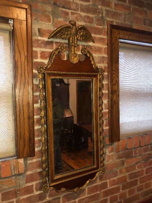 CIRCA 1790 - AN AMERICAN CHIPPENDALE MAHOGANY WOOD, FLORAL SIDE WREATHS, ORIGINAL GILT GOLD WITH STANDING AMERICAN EAGLE. OVER 40 POUNDS.  PROVENANCE DETROIT FRENCH RIBBON FARM FAMILY. EXHIBITED AT CLEVELAND & TOLEDO MUSEUM OF ARTS EXHIBIT AMERICAN FURNITURE 1998 & 1999. 