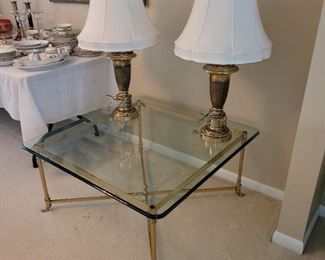 Brass tables and lamps including Waterford and Stiffel