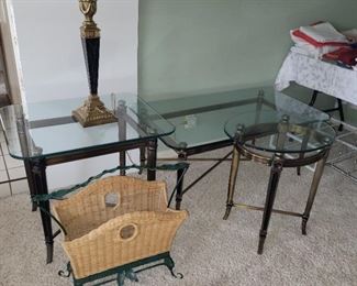 Sets of brass coffee table and side tables with glass tops