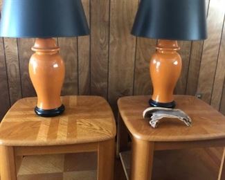 Pair of solid wood end tables that measure 26"x 26" x 20" and porcelain lamps that stand 32"H each