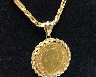 1/4 OZ. GOLD KRUGERRAND COIN YEAR 2000
ON 14KT GOLD ROPE CHAIN, 28g TOTAL WEIGHT
