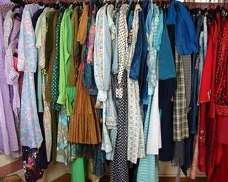 Vintage clothing from 1950-1979 including dresses, ensembles, maxi skirts and dresses, fit and flare, blouses, Secretary dresses