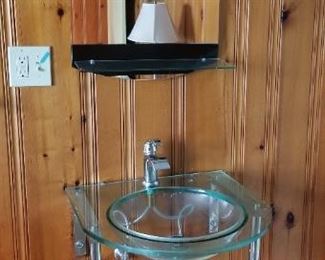 Vintage glass sink with matching mirror and towel bars
