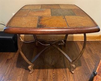 $75  LOT 8 - End table with wood and slate top, metal base. 25 inches high, 25 x 25 inches square top.