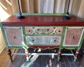 $225 - LOT 14 - Painted waterfall front buffet. 38 inches high, 59 inches long, 19 inches deep.