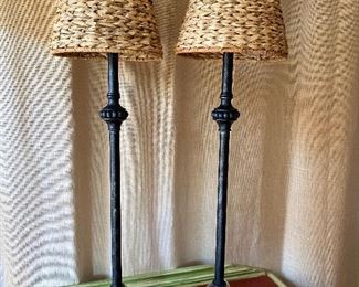 $60 - LOT 15 - 2 metal table lamps with woven shades by Ballard Designs. 30 inches tall to top of shade.