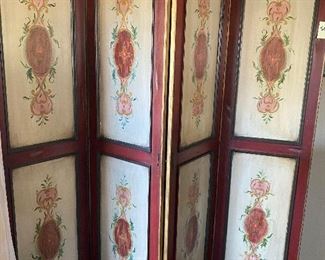 $295 - LOT 26 - 4 panel painted wooden screen. 6 foot 3 inches tall, each panel is 18 inches wide, total screen width is 72 inches. 