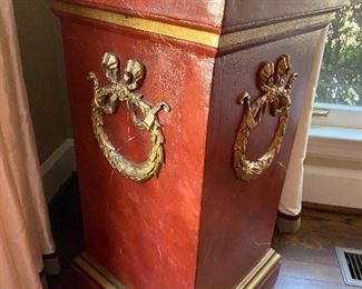 $60 - LOT 31 - Ceramic painted urn stand. 27.5 inches high, 14 by 14 inches square top. 