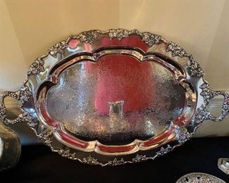 $65 - LOT 61 - Flat silver tray with grape motif, silver on copper. 24 inches by 16 inches.
