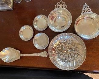 $256 - LOT 65 - sterling assortment-2 porringers(WEB and Empire, engraved) 3 nut dishes, serving spoon and S.Kirk &Son bowl. Total weight 425.01g