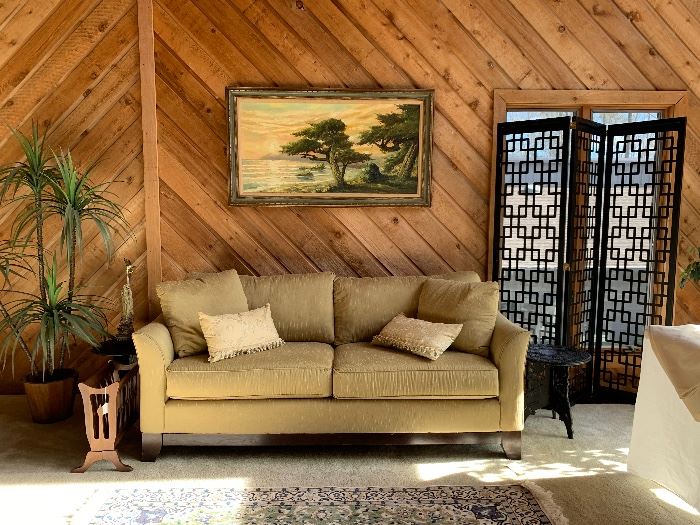 La-Z-Boy Sofa, Mid Century Modern Screen, Oil Painting , artificial dracena plant