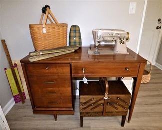 Vintage Singer "Slantomatic" Sewing Machine in Mid Century Cabinet (See next picture), Longaberger Basket, Sewing Notions
