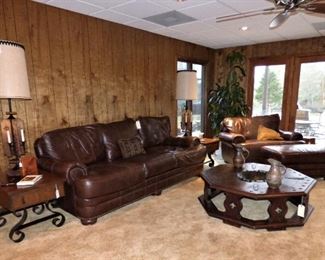 Spanish Colonial Tables, Leather Sofa, Armchair with ottoman