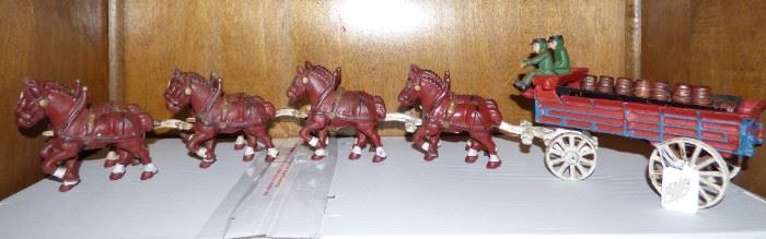 Cast Iron Budweiser Clydesdales with Wagon & Barrels
