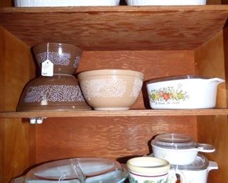 Vintage Pyres "Snowflake" Divided Dish, Pyrex "Woodlad" Mixing Bowl Set, Longaberger Mug
