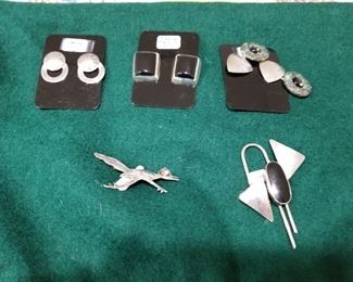 Sterling artisan earrings and brooch.