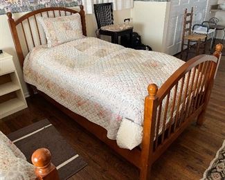 Twin bed frame and mattress (mattress looks lumpy due to feather bed on top of mattress!) and bedding set