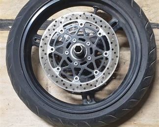 Used Dunlop Sportmax D218F 120/70 ZR 17 M/C 58W Front Motorcycle Tire mounted on 3 Point Painted Aluminum rim w/brake plates