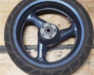 Used Michelin Radial Pilot Sport 190/50 ZR 17 73w Rear Motorcycle Tire mounted on 3 Point Painted Aluminum rim (worn spots in tread)