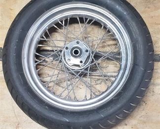 New Avon AM23 V260 140/80 VB16 Rear Motorcycle Tire mounted on a spoked chrome rim